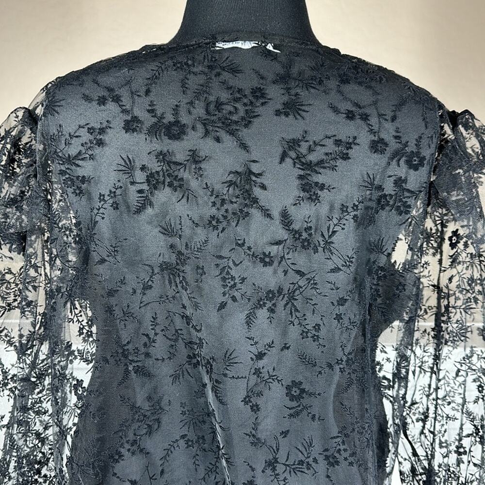 Zara Floral Tulle Ruffle Trim Blouse Top Black Sheer Velvet Lace Whimsigoth Sz L - Picture 4 of 13